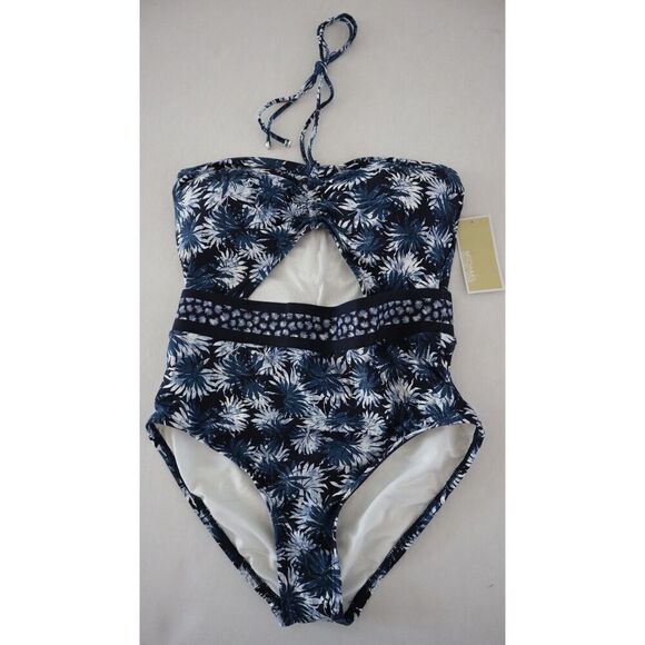Michael Kors MM8J591 Size 8 Navy Palm Print Bandeau Cutout 1-Piece Swimsuit - Picture 1 of 7